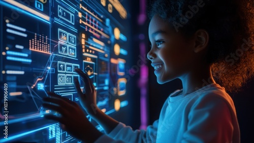 Education technology with gamification concept. A young child interacts with a glowing digital interface, displaying charts and data, suggesting curiosity and engagement in technology and learning.