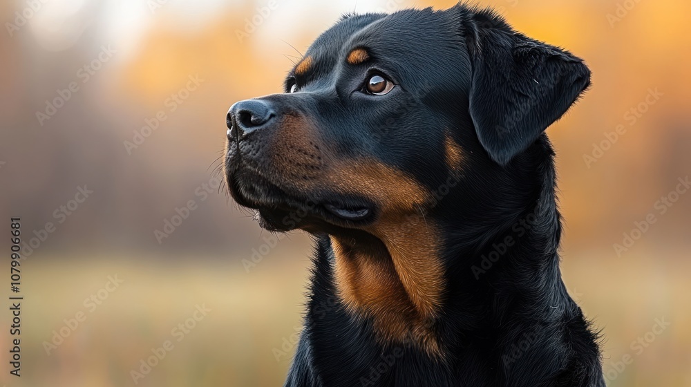 A close-up of a Rottweiler's profile against a blurred background. A close-up of a Rottweiler's profile against a blurred background.