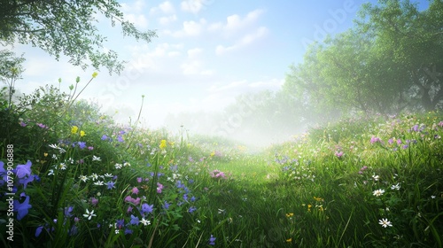 Misty Morning Serenity: Dark Fantasy Meadow in Ultra-Detailed 3D Render photo