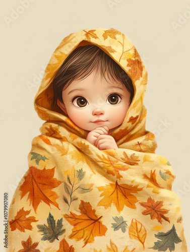 Adorable child wrapped in autumn-themed blanket, showcasing warmth and coziness with a charming expression and vibrant fall colors.