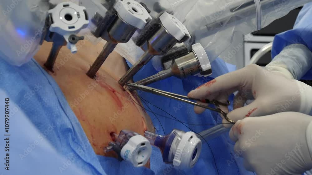 Minimally invasive robotic surgery in the operating room.
The surgeon prepares the arms of the Robot.
View of the patient's belly while the arms are placed inside the belly. Minimally invasive robotic surgery in the operating room.
The surgeon prepares the arms of the Robot.
View of the patient's belly while the arms are placed inside the belly.