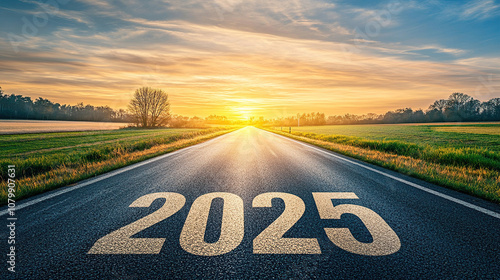 Wallpaper Mural A road leading into the distance with "2025" written on it, a sunrise in the background Torontodigital.ca