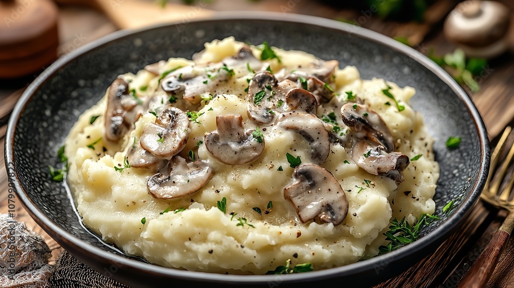 Risotto with champignons and thyme on the table Risotto with champignons and thyme on the table