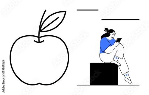 Woman with glasses reading a tablet while sitting on a block beside a large outlined apple. Ideal for healthy lifestyle, education, technology, relaxation, balance, study, self-improvement. Line