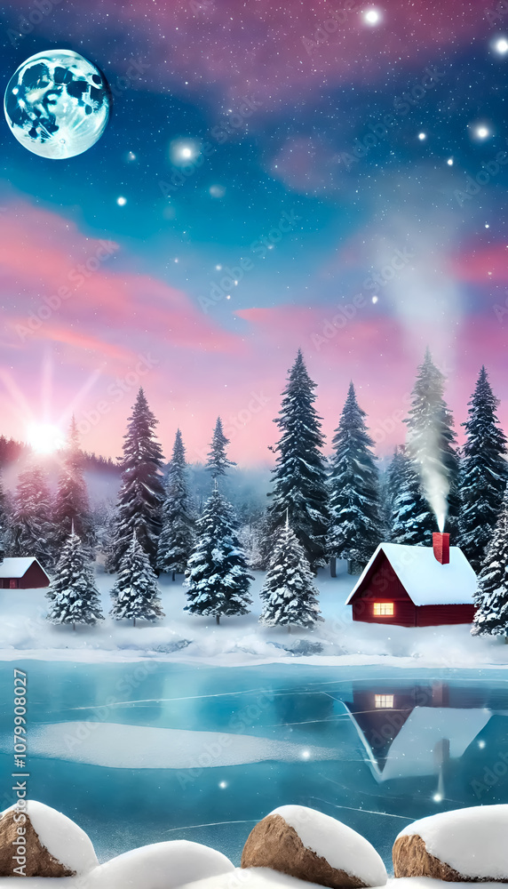 Naklejka premium Tranquil Winter Scene with Snow-Covered Cabin, Frozen Lake, and Moonlit Sky in a Peaceful Snowy Landscape