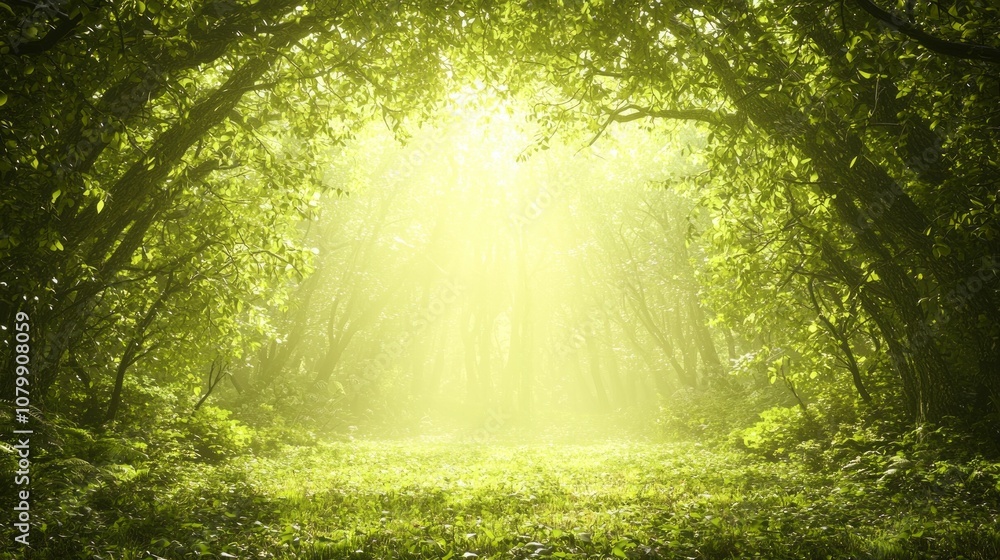 Obraz premium Enchanted Forest Glade - A Dark Fantasy 3D Render with Soft Sunlight Filtering Through Trees in a Serene Atmosphere