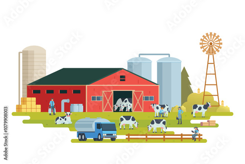 Farm scenery vector illustration on white background. Livestock animal farm landscape with farming elements.