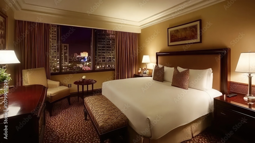 Elegant Hotel Room with City View at Night, Featuring Cozy Bed, Stylish Decor, and Warm Lighting in a Luxurious Atmosphere Ideal for Relaxation and Comfort Elegant Hotel Room with City View at Night, Featuring Cozy Bed, Stylish Decor, and Warm Lighting in a Luxurious Atmosphere Ideal for Relaxation and Comfort