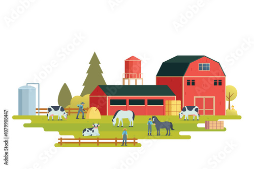 Farm scenery vector illustration on white background. Livestock animal farm landscape with farming elements.