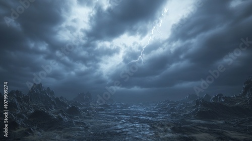 Stormy Adventure Awaits: Dark Fantasy 3D Render of Dramatic Storm Over Vast Landscape