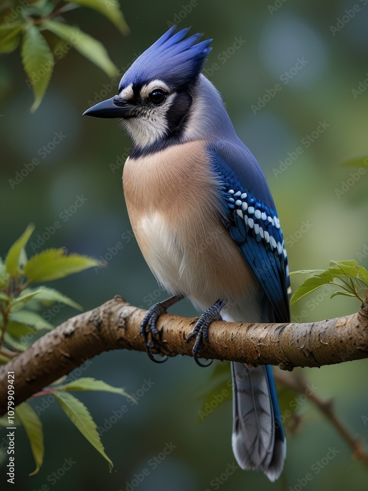 Obraz premium Stunning Blue Jay Perched on a Curved Branch Amidst Lush Green Foliage