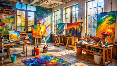 Abstract expressionist painting with vibrant colors and dynamic brushstrokes in a studio setting, abstract, expressionism