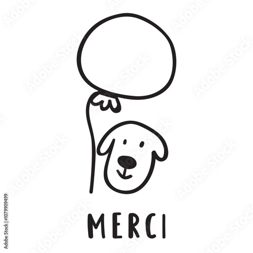 Cute dog with balloon. Word - Merci, it's mean thank you on French. Outline illustration for greeting cards. White background.
