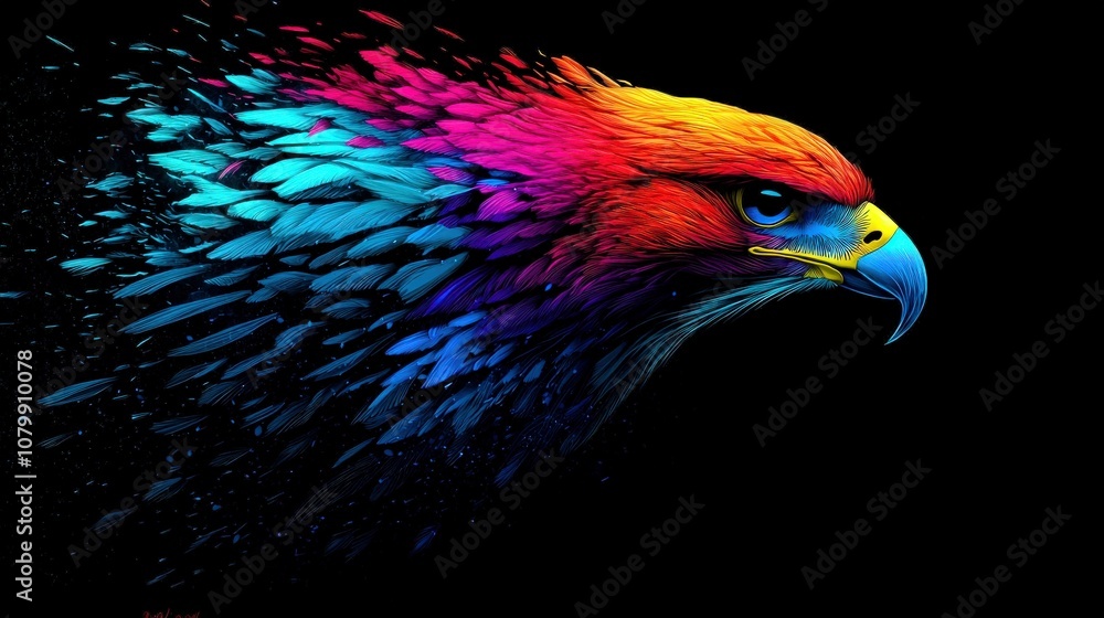 Fototapeta premium Colorful Stylized Eagle in Flight with Vibrant Rainbow Feathers and Bold Expression on Black Background for Artistic and Creative Concepts