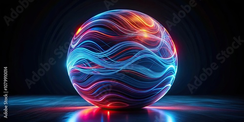 abstract sphere with wavy lines in plastic material, glowing blue and red neon accents on black background, surreal, sphere, abstract photo