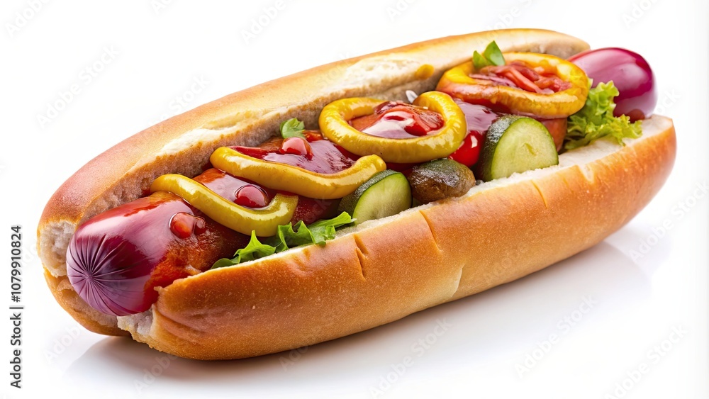 Delicious hot dog with pickles, onions, ketchup, isolated on background, street food, hot dog, toppings, culinary Delicious hot dog with pickles, onions, ketchup, isolated on background, street food, hot dog, toppings, culinary