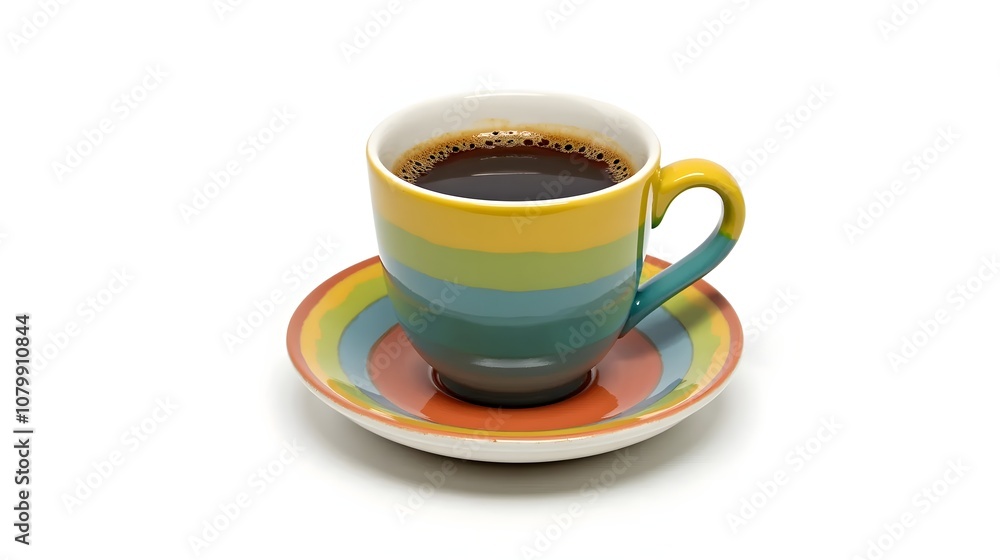 Vibrant coffee cup and saucer filled with coffee, set against a white backdrop Vibrant coffee cup and saucer filled with coffee, set against a white backdrop