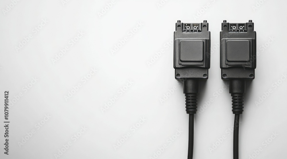 Two black electrical connectors with wires on a white background. Two black electrical connectors with wires on a white background.