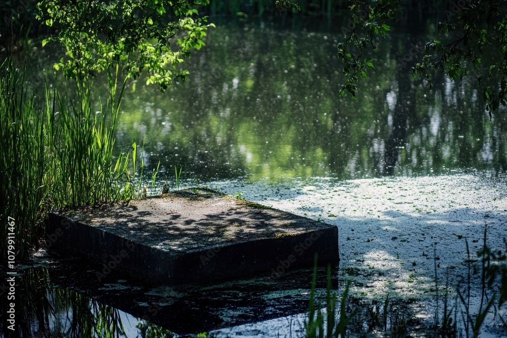 Concrete platform on a small lake with green foliage and white blossoms. Concrete platform on a small lake with green foliage and white blossoms.