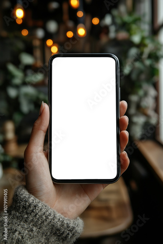 A female hand holding a black smartphone with a white screen in a cozy cafe setting with blurred warm light in the background. Close-up view, ideal for showcasing apps or advertising content.