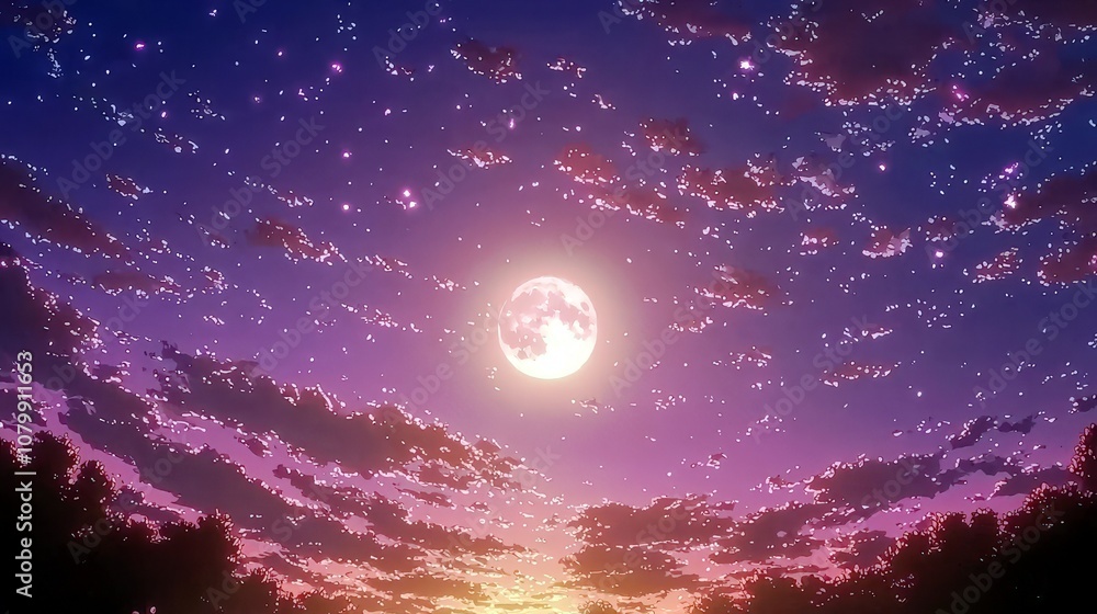 Beautiful Night Sky with Full Moon and Starry Clouds in Vibrant Purple and Pink Colors Over Tree Silhouette at Dusk, Perfect for Dreamy Atmosphere and Serene Background Beautiful Night Sky with Full Moon and Starry Clouds in Vibrant Purple and Pink Colors Over Tree Silhouette at Dusk, Perfect for Dreamy Atmosphere and Serene Background