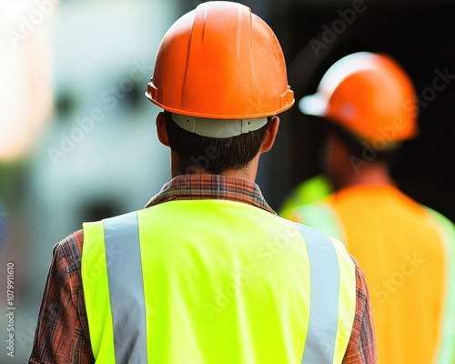 Construction workers back close - up concept. Construction workers in bright safety vests and helmets, blurred background.