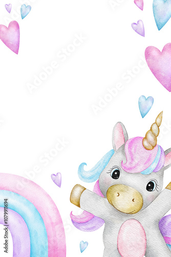 Unicorn, rainbow, hearts. Cute baby fairy tale horse. Isolated hand drawn watercolor frame. Template for kid's goods, invitations, cards, poster, baby shower and children's room