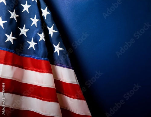 Close-up detail of an American flag against a deep blue background photo