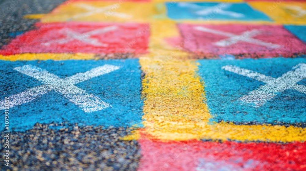 Fototapeta premium Colorful hopscotch game drawn on asphalt with white chalk.
