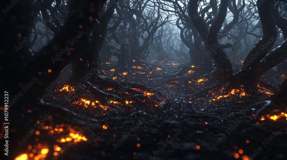 Eerie Enchantment: Surreal 3D Render of Ultra-Detailed Dark Fantasy Forest with Twisted Trees and Glowing Plants Eerie Enchantment: Surreal 3D Render of Ultra-Detailed Dark Fantasy Forest with Twisted Trees and Glowing Plants