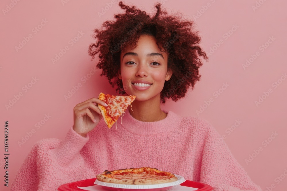 Cheerful young woman eating pizza slice on pink background Cheerful young woman eating pizza slice on pink background