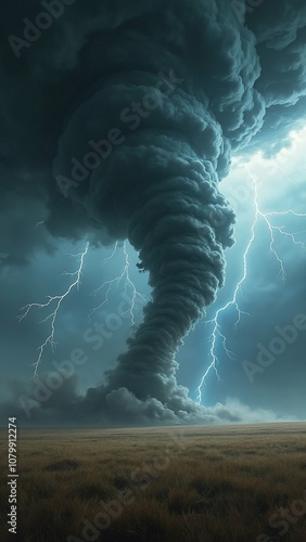 Dramatic Tornado with Lightning in Stormy Field, Weather Phenomenon Photograph phone wallpaper