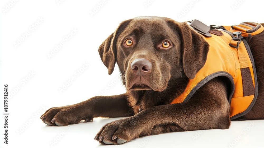 Trained service dog in vest, attentive pose on white background Trained service dog in vest, attentive pose on white background