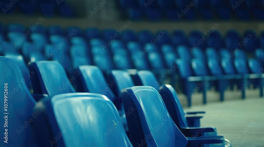 Fototapeta premium Vibrant blue stadium seats in rows, hinting at upcoming excitement