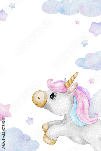 Wallpaper Mural Unicorn, clouds, stars. Blank of Cute baby fairy tale horse. Isolated hand drawn watercolor frame. Template for kid's goods, invitations cards, stationery poster, baby shower and children's room Torontodigital.ca