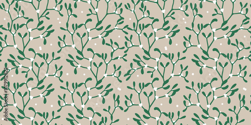 Seamless Pattern of Christmas Mistletoe with White berries and Natural Background, Good for Fabric and Paper Print-Christmas Vector Illustration