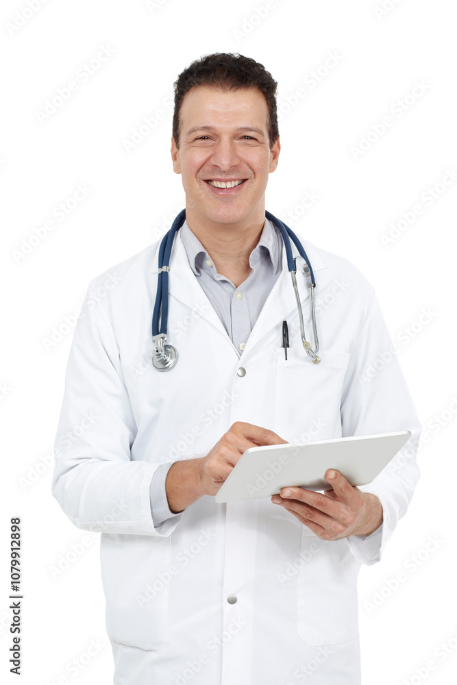 Man portrait, doctor and tablet for surgery in studio, online consulting service and white background. Male person, heart specialist and surgeon to plan schedule, monitor feedback and clinic website Man portrait, doctor and tablet for surgery in studio, online consulting service and white background. Male person, heart specialist and surgeon to plan schedule, monitor feedback and clinic website