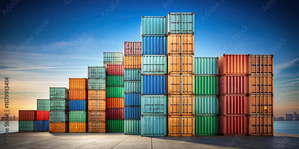 Fototapeta premium rendering of cargo containers with GDP cubes stacked on top, symbolizing economic growth , economy, finance, trade