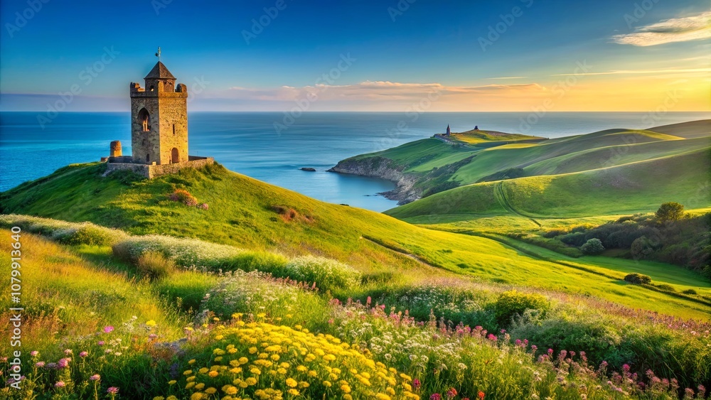 A stone tower overlooking a scenic landscape of rolling green hills, blooming wildflowers, and the vast blue ocean at sunset. A stone tower overlooking a scenic landscape of rolling green hills, blooming wildflowers, and the vast blue ocean at sunset.