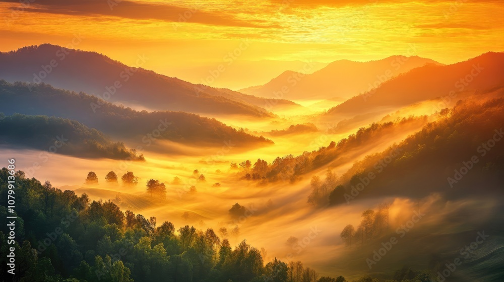 Mountain landscape during sunrise with golden light illuminating the peaks and rolling fog in the valley Mountain landscape during sunrise with golden light illuminating the peaks and rolling fog in the valley