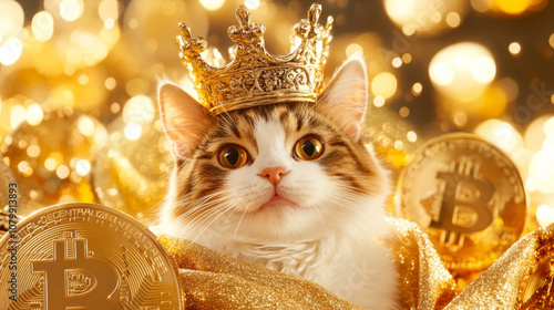 Photo of a smile happy cat kitty wear crown and king's cloak cheerful on golden bitcoin cute pet bokeh background. graphic design adorable wallpaper for advertising celebration rich finance 