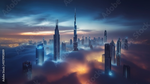 Futuristic Skyline of City Floating Above Clouds with Vibrant Nightscape and Modern Skyscrapers