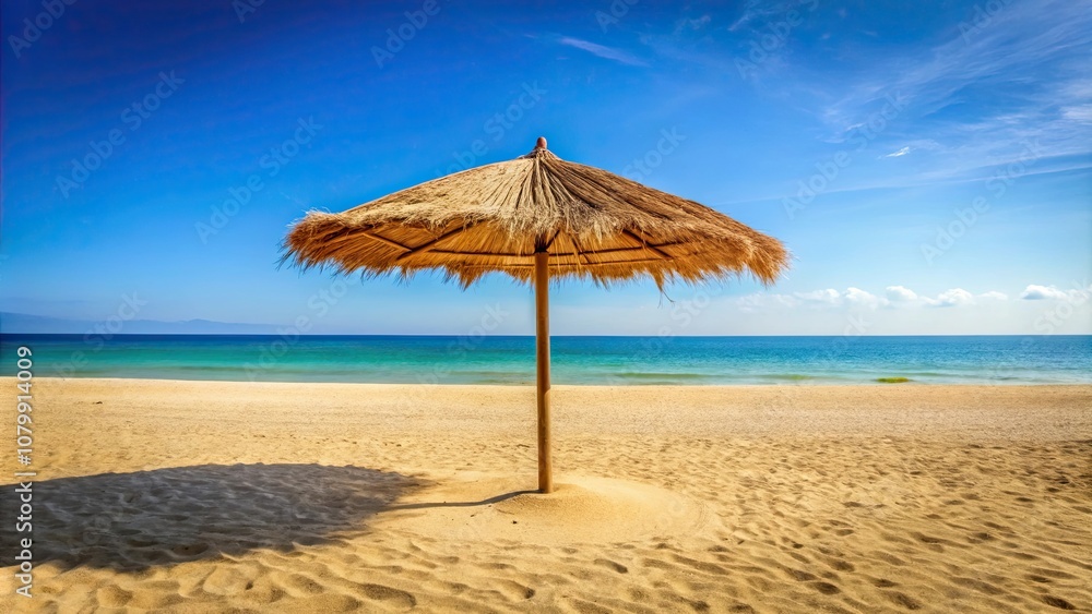 Straw umbrella providing shade on a sandy beach , tropical, relaxation, vacation, summer, paradise, coastal, resort, sunlight Straw umbrella providing shade on a sandy beach , tropical, relaxation, vacation, summer, paradise, coastal, resort, sunlight