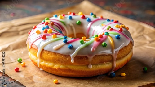 A Deliciously Glazed Donut Decorated with Colorful Sprinkles and Drizzled with Multicolored Icing, Resting on Brown Parchment Paper