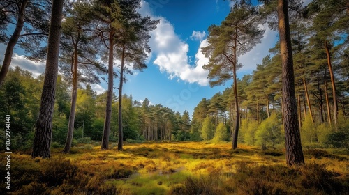 Majestic Forest Landscape With Tall Trees Under Clear Blue Sky and White Clouds