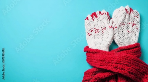 Cozy knitted gloves and a scarf on a blue background. photo