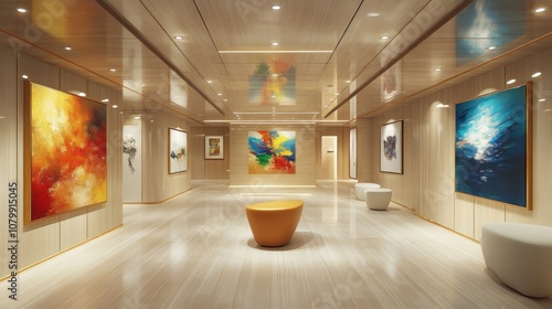 Modern art gallery with colorful abstract paintings hanging on the walls and a bench in the middle.