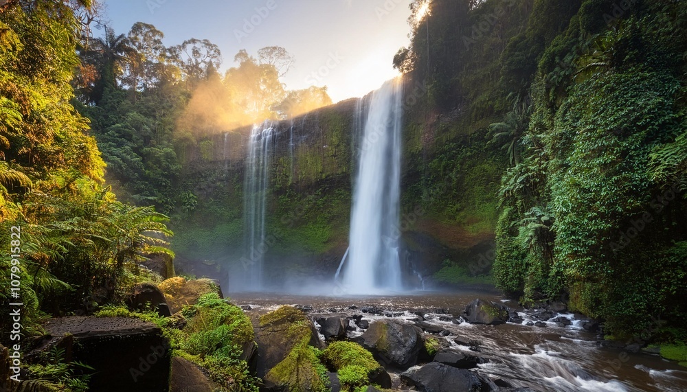 Fototapeta premium Towering Waterfall Crashing Into a Deep Basin Below, Surrounded by Lush Greenery and Mist Rising From the Water, Creating a Cool, Refreshing Scene in the Heart of the Rainforest
