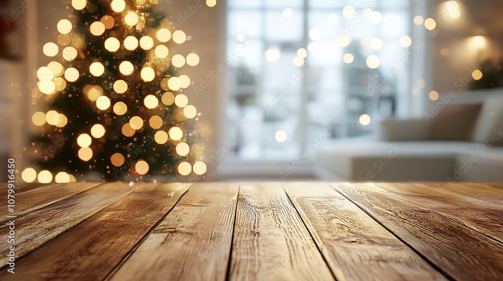 Blurred bokeh lights on an empty wood table in a Christmas decor setting. Blurred bokeh lights on an empty wood table in a Christmas decor setting.