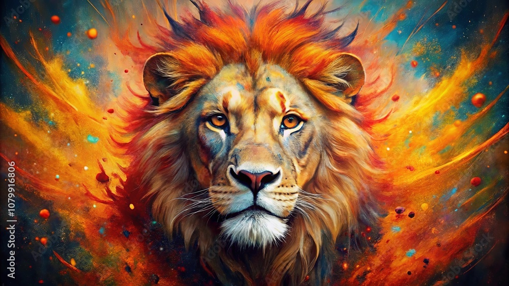 A majestic lion with a fiery mane, gazing intently into the distance, amidst a vibrant swirl of colors and swirling nebulae. A majestic lion with a fiery mane, gazing intently into the distance, amidst a vibrant swirl of colors and swirling nebulae.